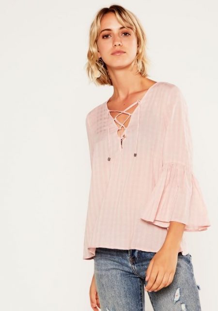 See Need Want Fashion Trend Pink Lace Up Bell Sleeve Blouse