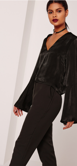 Misguided Satin Flared Sleeve Blouse Black