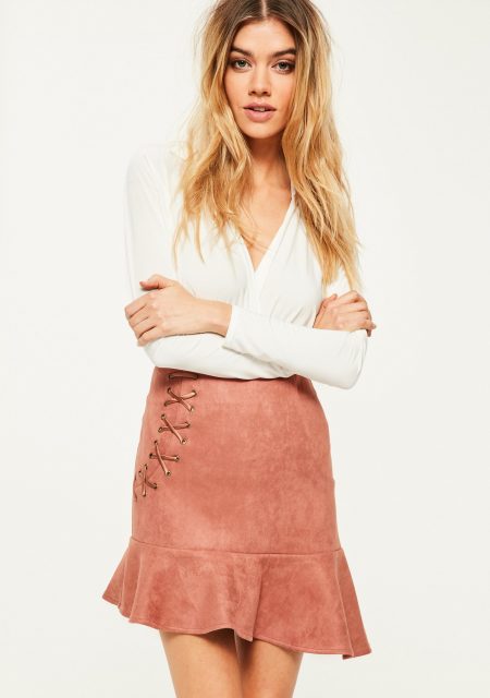 See Need Want Fashion Trend Pink Suede Frill Hem Eyelet Skirt Missguided